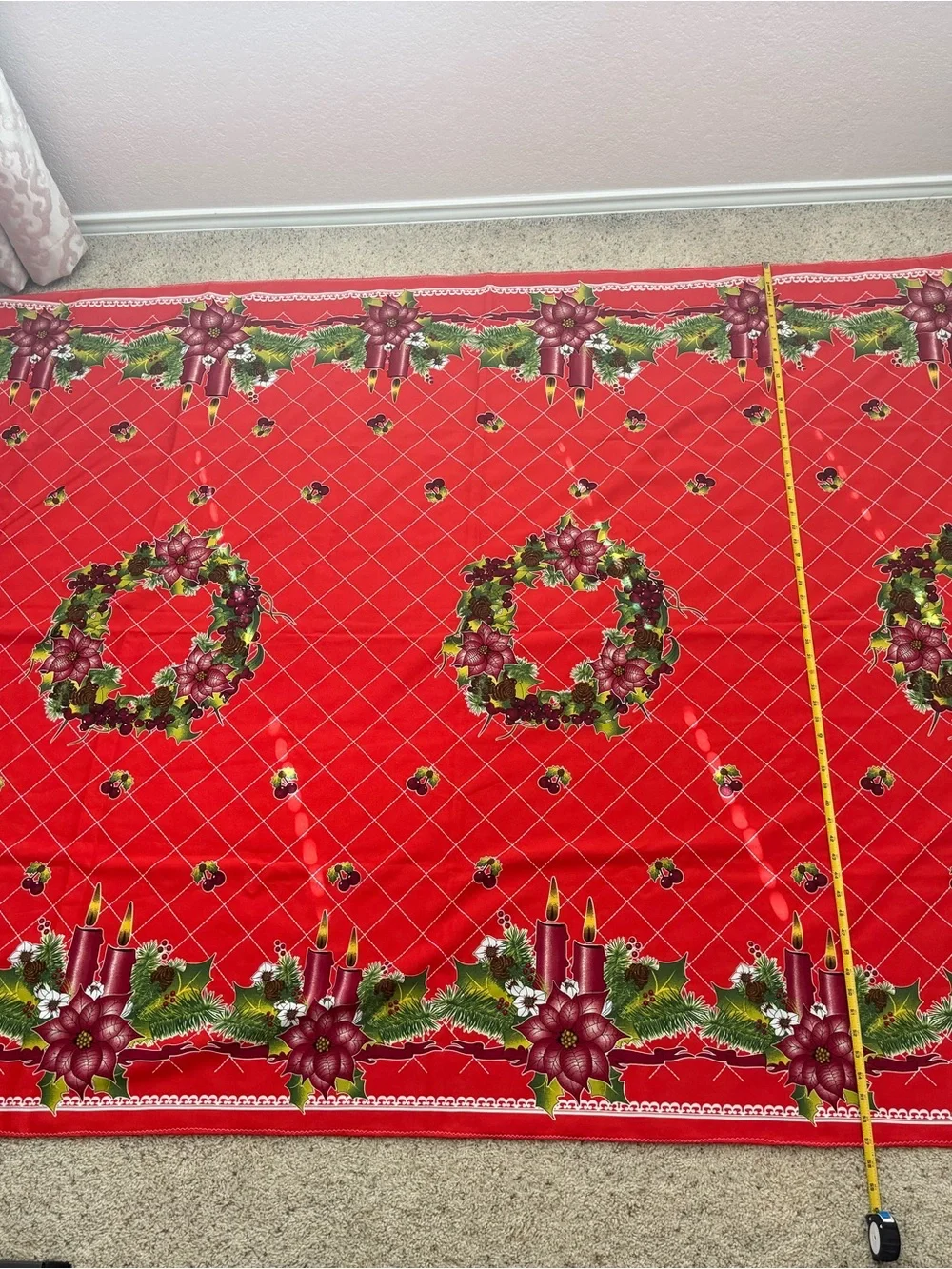 Festive Red Christmas Tablecloth with Wreath and Candle Motif